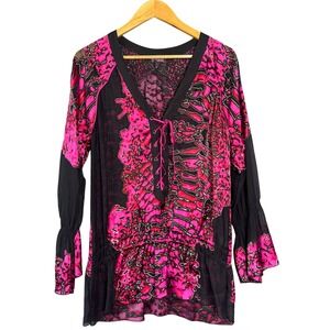 Hale Bob Shirt Womens Small Pink Black Silk Whimsigoth Sheer Velvet Burnout